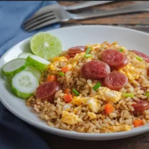 nasi goreng sosispakai toping sosis