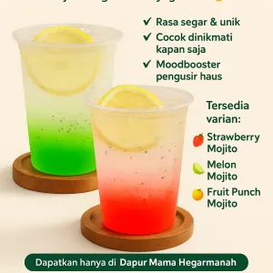 Es MOJITOSegarkan harimu dengan sensasi mojito dingin & menyegarkan!
Perpaduan soda segar, sirup manis pilihan, biji selasih, dan irisan lemon bikin tenggorokan adem seketika!