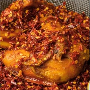 Ayam Bu haji  Nasi Tahu + Tempeayam Bu haji adalah ayam yg dikasih taburan Chili oil pedas dan gurih