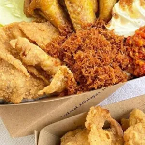 Nasi kulit Sayapnasi +kulit ayam crispy + sayap ayam+ kol goreng + sambal+ serundeng