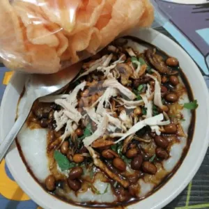 Bubur ayambubur+ayam suwir+kecap+sambal+bawang goreng+kacang goreng+seledri+kerupuk